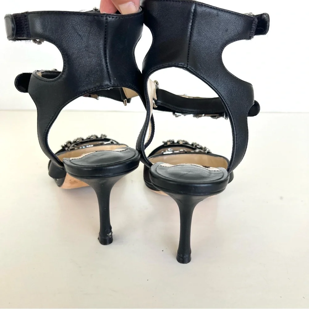 JIMMY CHOO x Ashley Williams Black Leather Crystal 100% Heel Sandals Sz 37.5